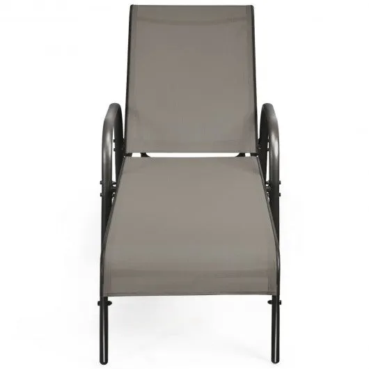 2 Pcs Outdoor Patio Lounge Chair Chaise Fabric with Adjustable Reclining Armrest-Brown