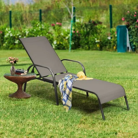 2 Pcs Outdoor Patio Lounge Chair Chaise Fabric with Adjustable Reclining Armrest-Brown