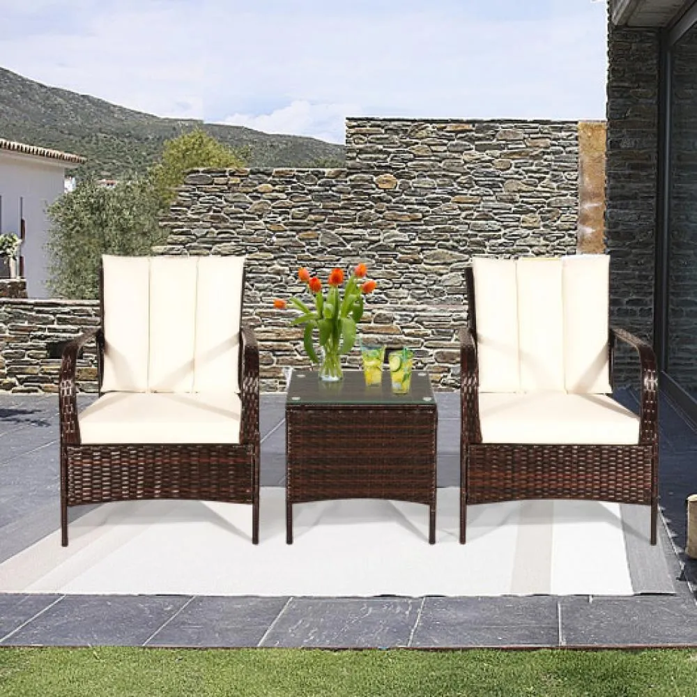 3 Pcs Patio Conversation Rattan Furniture Set with Glass Top Coffee Table and Cushions-Navy