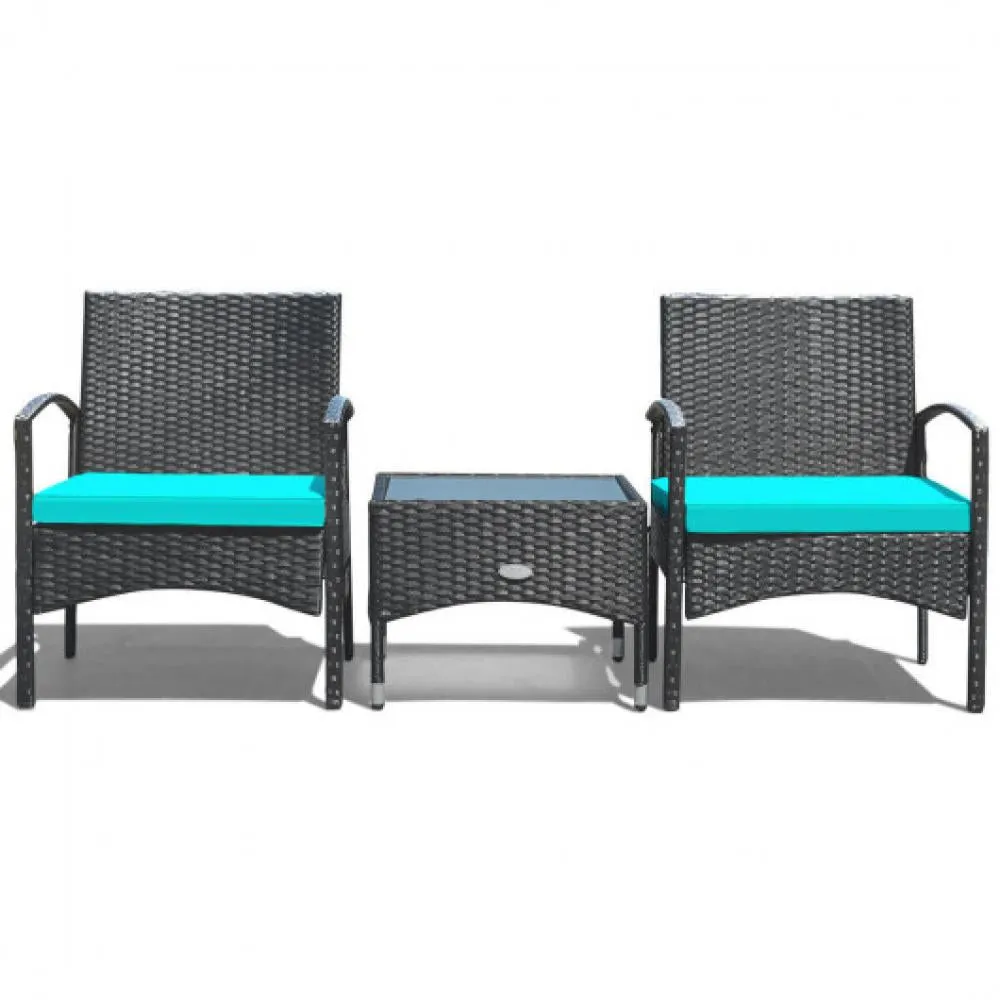 3 Pieces Patio Wicker Rattan Furniture Set with Cushion for Lawn Backyard-Red