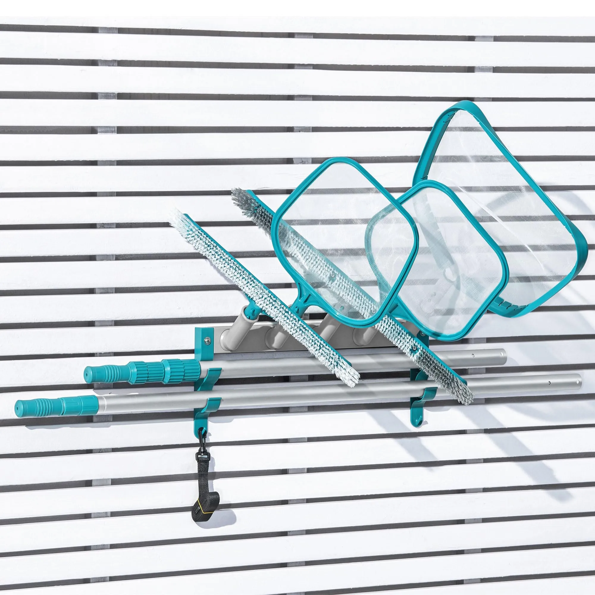 Bestway Flowclear StorePro Wall or Fence Mounted Swimming Pool Accessory and Maintenance Equipment Organizer Unit with Hooks, Strap, and Setup Kit