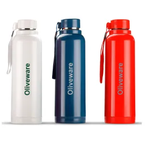 Oliveware Aura Insulated Stainless Steel Bottle | Pack of 3 - Blue, White & Red | Keep Hot & Cold for Long Hours | Fits Bags & Fridge | Strap for Easy Carry - 690ml