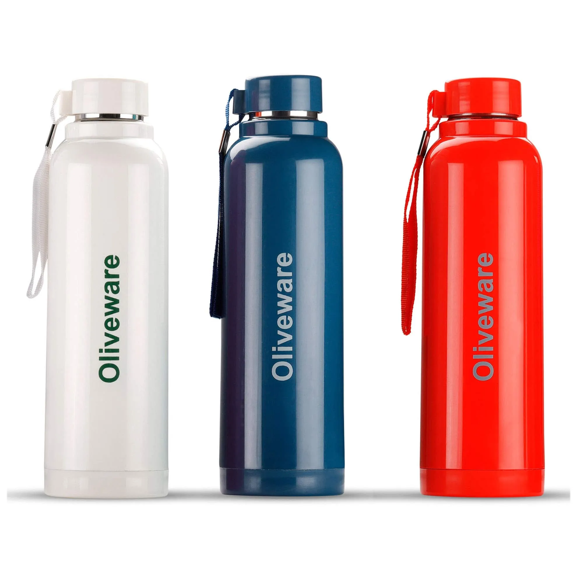 Oliveware Aura Insulated Stainless Steel Bottle | Pack of 3 - Blue, White & Red | Keep Hot & Cold for Long Hours | Fits Bags & Fridge | Strap for Easy Carry - 690ml