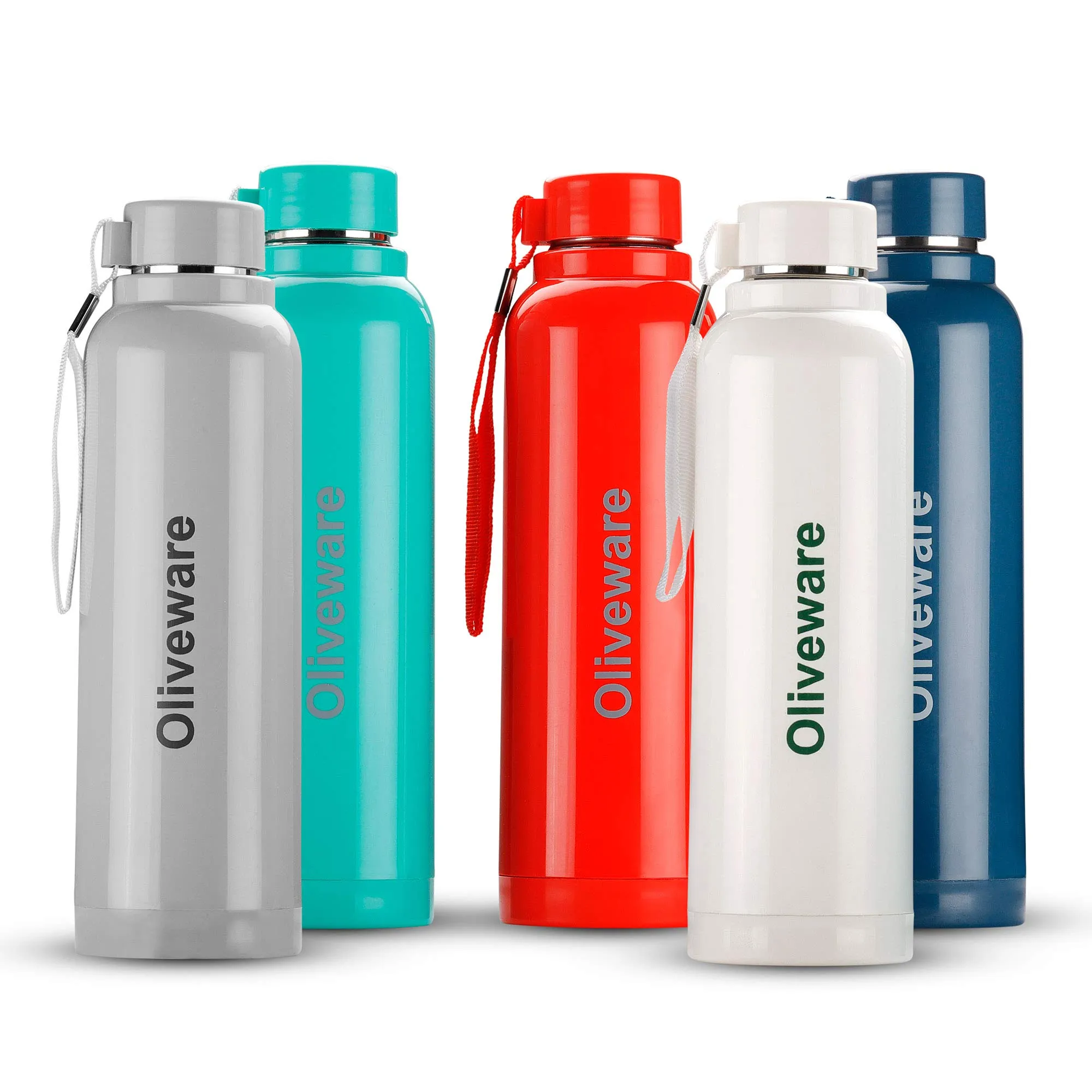 Oliveware Aura Insulated Stainless Steel Bottle | Pack of 3 - Blue, White & Red | Keep Hot & Cold for Long Hours | Fits Bags & Fridge | Strap for Easy Carry - 690ml