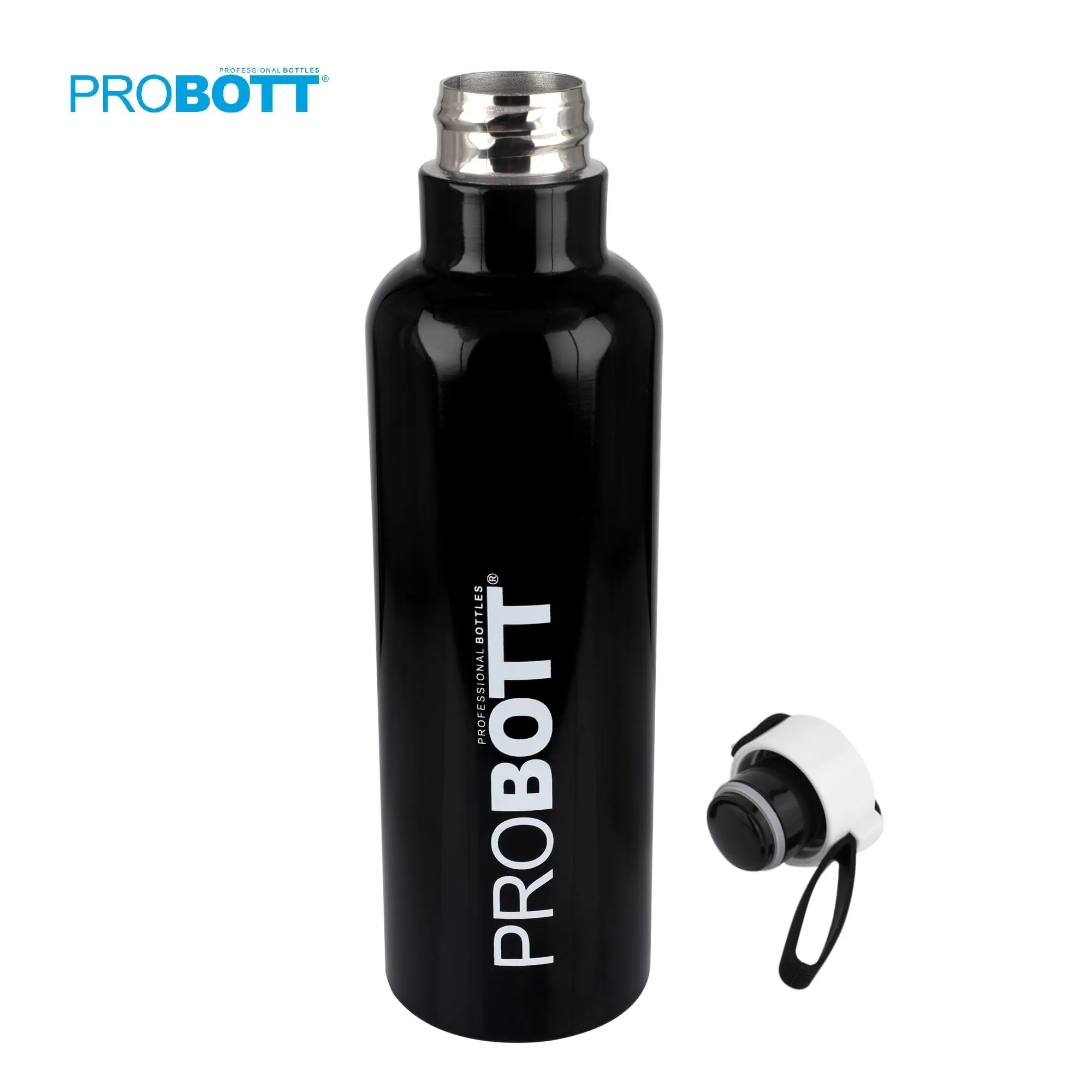 Probott Bang 600ml Thermoses Vacuum Insulated Flask Sports Bottle, Stainless Steel Water Bottles, Black | Sports Cap | Hot and Cold | Leak Proof | Water | Tea | Coffee | Office | Gym | Travel