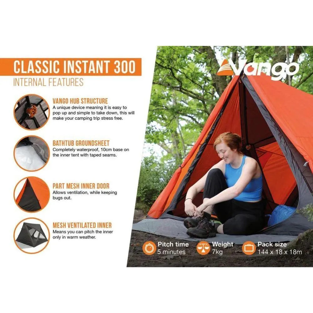 Vango Classic Instant 300 Tent - 3 Man Tent (Orange)